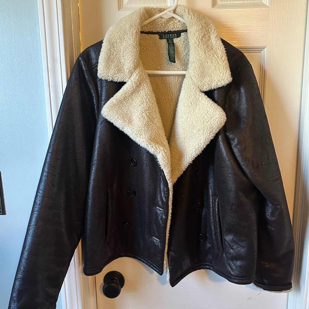 Ralph Lauren Brown Leather Jacket with Cream Collar
